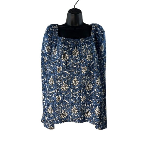 LOFT Tops - Floral Blue & White Long Sleeve Square Neck Top By Loft Size L